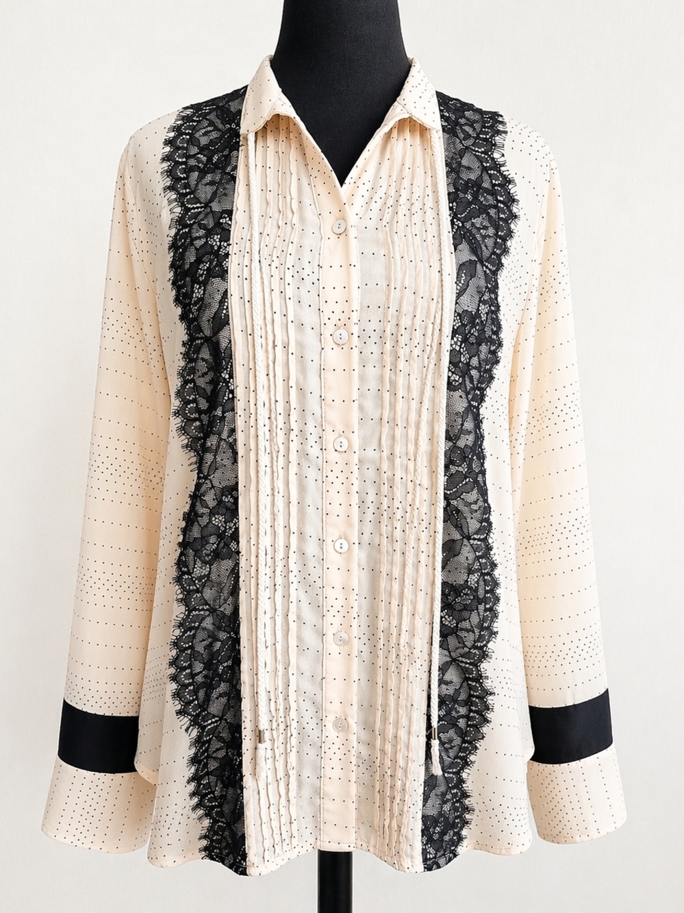 Freeway Blouse M Sheer Polka Dot Lace Trim Button Front Boho Top